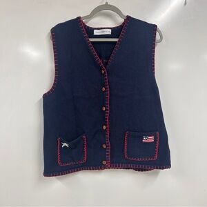 0218 NAVY WOOL SWEATER VEST RED WHIPSTITCH VINTAGE PREPPY AMERICANA